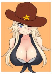 Rule 34 | 1girl, absurdres, badge, blonde hair, blue eyes, breasts, cleavage, collarbone, cowboy hat, crop top, front-tie top, hair between eyes, hat, headwear request, highres, iowa (kancolle), kantai collection, large breasts, looking at viewer, one eye closed, simple background, smile, symbol-shaped pupils, the only shoe, upper body