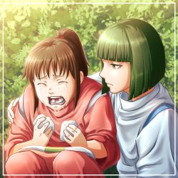 Rule 34 | 1boy, 1girl, absurdres, blunt bangs, bob cut, brown hair, bush, closed eyes, commentary, commentary request, crying, derrick gear up, eating, english commentary, feet out of frame, food, green eyes, green hair, haku (sen to chihiro no kamikakushi), hand on another&#039;s shoulder, highres, japanese clothes, korean commentary, looking at another, medium hair, mixed-language commentary, ogino chihiro, onigiri, open mouth, ponytail, rice, sen to chihiro no kamikakushi, short hair, squatting