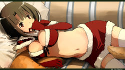 Rule 34 | 10s, 1girl, alternate costume, breasts, brown hair, cleavage, elbow gloves, gloves, kantai collection, large breasts, letterboxed, looking at viewer, lying, navel, on side, red eyes, red gloves, santa costume, short hair, solo, stomach, takao (kancolle), thighhighs, white thighhighs, yunsuku
