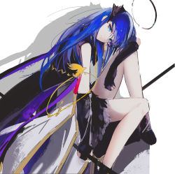 Rule 34 | 1girl, absurdres, arknights, bare legs, black gloves, blue eyes, blue hair, chinese commentary, commentary request, demon horns, dress, elbow gloves, expressionless, from side, gloves, halo, highres, holding, holding staff, horns, long hair, looking at viewer, mackia, mostima (arknights), mostima (spellbreaker) (arknights), official alternate costume, partially fingerless gloves, shadow, signature, simple background, sitting, solo, staff, tagme, white background, white dress