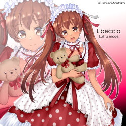 Rule 34 | 1girl, absurdres, alternate costume, breasts, brown eyes, brown hair, cleavage, dark-skinned female, dark skin, dress, fang, highres, himura moritaka, holding, holding stuffed toy, kantai collection, libeccio (kancolle), lolita fashion, long hair, open mouth, red dress, short sleeves, smile, stuffed animal, stuffed toy, teddy bear, twintails