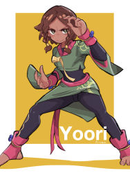 Rule 34 | amazu (kurozu), arm up, black bodysuit, bodysuit, braid, brown hair, closed mouth, commentary, commission, english commentary, feet out of frame, fighting stance, green eyes, green shirt, green skirt, highres, layered sleeves, long sleeves, looking at viewer, original, pink socks, shirt, short over long sleeves, short sleeves, signature, skirt, smile, socks, standing, stirrup legwear, toeless legwear, twin braids, two-tone background, v-shaped eyebrows, white background, wide sleeves, yellow background