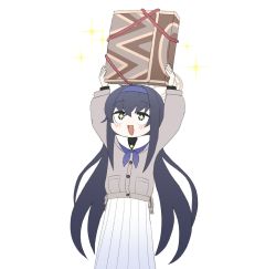 Rule 34 | + +, 1girl, arms up, blue archive, blue hair, blush, box, brown jacket, cardigan, feet out of frame, gift, gift box, hairband, halo, highres, holding, holding gift, jacket, kutsusama, long hair, long sleeves, looking up, open mouth, sailor collar, simple background, skirt, solo, sparkle, ui (blue archive), white background, white skirt