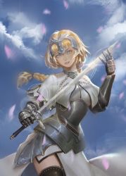 Rule 34 | 1girl, armor, armored dress, black ribbon, black thighhighs, blonde hair, blue eyes, braid, capelet, chain, dress, fate/apocrypha, fate/grand order, fate (series), gauntlets, hair ribbon, headpiece, highres, jeanne d&#039;arc (fate), jeanne d&#039;arc (ruler) (fate), jeanne d&#039;arc (third ascension) (fate), long braid, long hair, looking at viewer, mask shounen, parted lips, ribbon, single braid, sky, solo, sword, thighhighs, very long hair, weapon, white capelet, white dress