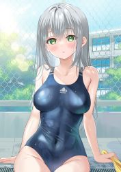 Rule 34 | 1girl, blue one-piece swimsuit, blush, breasts, green eyes, grey hair, hair between eyes, highres, long hair, looking at viewer, medium breasts, one-piece swimsuit, original, outdoors, parted lips, piyopoyo, sidelocks, solo, swimsuit, wet