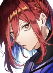 Rule 34 | 1boy, blue lock, blue shirt, chigiri hyoma, highres, long hair, looking at viewer, male focus, naka (58hrprtr), open mouth, portrait, red eyes, red hair, shirt, simple background, solo, white background