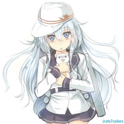 Rule 34 | 10s, 1girl, animal, bad id, bad pixiv id, blue eyes, blue hair, cat, hat, hibiki (kancolle), holding, holding animal, kantai collection, long hair, looking at viewer, open mouth, personification, pleated skirt, school uniform, serafuku, simple background, skirt, sts, verniy (kancolle), white background, white hair
