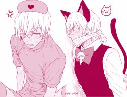Rule 34 | 1boy, amuro tooru, anger vein, animal ears, bell, blush, bow, cat ears, cat tail, closed eyes, collared shirt, commentary request, crossdressing, embarrassed, fake animal ears, fake tail, gag, gagged, hair between eyes, hat, heart, jingle bell, long sleeves, looking at viewer, male focus, mashima shima, meitantei conan, monochrome, multiple views, nurse, nurse cap, parted lips, shirt, short hair, short sleeves, simple background, sweatdrop, tail, twitter username, upper body, vest, white background