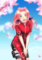 Rule 34 | 1girl, :d, absurdres, bandages, bike shorts, black shorts, blue headband, blue sky, blurry, blurry background, blush, cherry blossoms, day, dress, floating hair, green eyes, hair intakes, haruno sakura, headband, highres, leaning forward, lens flare, long hair, looking at viewer, naruto, naruto (series), open mouth, own hands together, pink hair, red dress, short sleeves, shorts, shorts under dress, side slit, sky, smile, solo, standing, typhoon0418