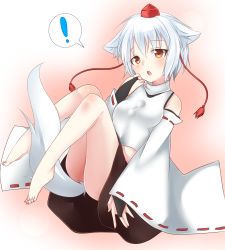 Rule 34 | !, 1girl, animal ears, bare legs, bare shoulders, between legs, blush, bridal gauntlets, brown eyes, detached sleeves, female focus, inubashiri momiji, ryoulove15, short hair, silver hair, simple background, solo, tail, tail between legs, touhou, wolf ears, wolf tail