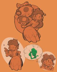 Rule 34 | 1boy, 1girl, absurdres, bag, crown, dress, earrings, facial hair, fire flower, flower earrings, gloves, grin, hat, highres, jewelry, long hair, looking at viewer, luigi, mario (series), mega mushroom, mustache, nintendo, one eye closed, overalls, princess daisy, puffy short sleeves, puffy sleeves, short sleeves, smile, speech bubble, super star (mario), super leaf, super mario bros. 1, super mario land, super mushroom, tomboy, tongue, tongue out, wink, yoshi egg