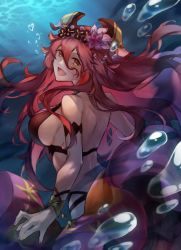 Rule 34 | 1girl, breasts, dragalia lost, dragalinuka, highres, large breasts, long hair, looking at viewer, looking back, mym (dragalia lost), nail polish, official alternate costume, red eyes, red hair, red nails, swimsuit, underwater, very long hair