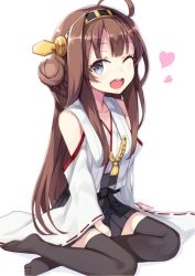 Rule 34 | 1girl, ahoge, bare shoulders, black skirt, black thighhighs, brown hair, collarbone, detached sleeves, double bun, hair bun, hairband, headgear, heart, japanese clothes, kantai collection, kongou (kancolle), long hair, nontraditional miko, one eye closed, open mouth, pleated skirt, purple eyes, ribbon-trimmed sleeves, ribbon trim, sakimiya mafu, simple background, skirt, smile, solo, thighhighs, white background, wide sleeves