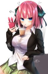 Rule 34 | 1girl, arm support, bad id, bad pixiv id, black jacket, black ribbon, blue eyes, blunt bangs, blush, bubble tea, bubble tea challenge, butterfly hair ornament, collarbone, cup, disposable cup, dress shirt, drinking, drinking straw, go-toubun no hanayome, green skirt, hair ornament, hair ribbon, hand up, highres, holding, holding phone, jacket, leaning to the side, long sleeves, motion lines, nakano nino, object on breast, parted lips, phone, pink hair, ramchi, ribbon, see-through, shirt, short hair, signature, simple background, skirt, sleeves past wrists, smartphone case, solo, two side up, v-shaped eyebrows, white background, white shirt, wing collar