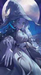Rule 34 | 1girl, alternate breast size, blue hair, blue skin, blue theme, closed mouth, colored skin, dress, elden ring, extra arms, extra faces, full moon, hat, highres, jewelry, looking at viewer, medium hair, moon, one eye closed, peach luo, ranni the witch, ring, solo, white dress, white hat, witch hat