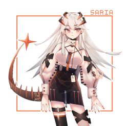 Rule 34 | 1girl, :/, alternate skirt length, arknights, artist name, black skirt, black thighhighs, border, breasts, character name, closed mouth, commentary, contrapposto, cowboy shot, dragon girl, dragon horns, dragon tail, earrings, english commentary, english text, f3izhi, high-waist skirt, highres, horns, jewelry, large breasts, long hair, long sleeves, looking away, mixed-language commentary, nail polish, orange border, orange eyes, orange nails, puffy sleeves, saria (arknights), shirt, sideways glance, silver hair, single earring, single thighhigh, skirt, solo, stud earrings, tail, thigh strap, thighhighs, white background, white shirt