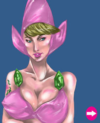 Rule 34 | 1girl, arrow (symbol), bare arms, bare legs, bikini, bikini top only, blonde hair, blue background, blue eyes, breasts, cleavage, facing viewer, large breasts, looking at viewer, mole, nintendo, parted lips, pink headwear, pink lips, pinkle, shoulder tattoo, simple background, solo, swept bangs, swimsuit, tattoo, the legend of zelda, upper body