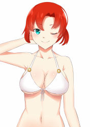 Rule 34 | 1girl, arm behind head, bikini, bikini top only, blue eyes, boudica (fate), breasts, cleavage, daweykun, fate/grand order, fate (series), front-tie top, highres, large breasts, looking at viewer, navel, one eye closed, red hair, short hair, simple background, smile, solo, swimsuit, white background, white bikini