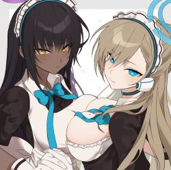 Rule 34 | 2girls, absurdres, apron, asuna (blue archive), asymmetrical bangs, bad id, bad pixiv id, black dress, black hair, blue archive, blue bow, blue eyes, blue neckwear, blue ribbon, bow, bowtie, breast press, breasts, brown hair, choker, cleavage, closed mouth, dark-skinned female, dark skin, dress, gloves, hair between eyes, hair over eyes, halo, headphones, highres, holding hands, interlocked fingers, karin (blue archive), kujirano137, lace trim, large breasts, long hair, long sleeves, looking at viewer, looking back, maid headdress, mole, mole on breast, multiple girls, puffy long sleeves, puffy sleeves, ribbon, simple background, swept bangs, symmetrical docking, upper body, very long hair, white apron, white background, white gloves, yellow eyes