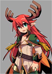 Rule 34 | 1boy, antlers, cape, commentary request, cowboy shot, emon-yu, fang, genetic (ragnarok online), green eyes, green shorts, grey background, hair between eyes, horns, jacket, long hair, long sleeves, looking at viewer, male focus, open mouth, orange cape, pointy ears, ragnarok online, red hair, shorts, simple background, skin fang, solo, tassel, white jacket