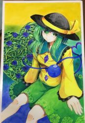 Rule 34 | 1girl, 283win, absurdres, acrylic paint (medium), black hat, breasts, closed mouth, commentary request, floral print, gradient background, green eyes, green hair, green skirt, hat, hat ribbon, heart, heart of string, highres, komeiji koishi, long sleeves, looking at viewer, medium breasts, painting (medium), ribbon, shirt, sitting, skirt, smile, solo, third eye, touhou, traditional media, yellow ribbon, yellow shirt