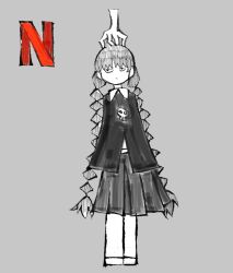 Rule 34 | absurdres, addams family, black coat, braid, coat, greyscale, highres, jewelry, jitome, kiroku0000, looking to the side, monochrome, necklace, netflix, pleated skirt, product placement, skirt, skull necklace, thing (addams family), twin braids, wednesday addams