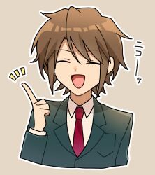Rule 34 | 1boy, blazer, breast pocket, brown background, brown hair, closed eyes, collared shirt, commentary request, green jacket, highres, index finger raised, jacket, kita high school uniform, koizumi itsuki, long sleeves, looking at viewer, male focus, napi (jad3434), necktie, notice lines, open mouth, pocket, red necktie, school uniform, shirt, short hair, simple background, smile, solo, suzumiya haruhi no yuuutsu, translation request, white shirt