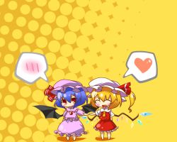 Rule 34 | 2girls, :d, ^ ^, bad id, bad pixiv id, barefoot, bat wings, blonde hair, blue hair, blush, blush stickers, chibi, closed eyes, eiri (eirri), fang, female focus, flandre scarlet, frilled shirt, frilled skirt, frills, full body, halftone, halftone background, happy, hat, heart, holding hands, looking at viewer, mob cap, multiple girls, open mouth, petticoat, polka dot, polka dot background, ponytail, purple headwear, purple shirt, purple skirt, red eyes, red skirt, remilia scarlet, shirt, short hair, siblings, side ponytail, sisters, skirt, skirt set, smile, spoken blush, spoken heart, standing, touhou, white headwear, wings, yellow background