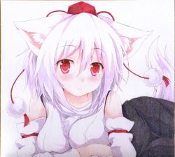 Rule 34 | 1girl, animal ears, blush, breasts, detached sleeves, frown, hat, inubashiri momiji, kittona, looking at viewer, red eyes, shikishi, short hair, solo, tail, tokin hat, touhou, traditional media, white hair, wolf ears, wolf tail