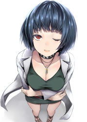 Rule 34 | 1girl, blue hair, breasts, cleavage, collar, collarbone, crossed arms, dress, from above, green dress, highres, lab coat, looking at viewer, medium breasts, nemu (nebusokugimi), one eye closed, parted lips, persona, persona 5, red eyes, short dress, short hair, simple background, smile, solo, standing, takemi tae, white background