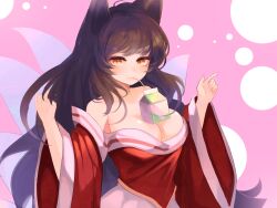 Rule 34 | 1girl, absurdres, ahri (league of legends), animal ears, bare shoulders, black hair, breasts, bubble tea challenge, cleavage, cowboy shot, dress, drinking straw, female focus, fox ears, hands up, highres, hwaryeok, kyuubi, large breasts, league of legends, milk carton, red dress, solo, wide sleeves, yellow eyes