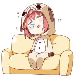 Rule 34 | 1girl, akaza akari, animal costume, blush, commentary request, couch, dog costume, drooling, half-closed eyes, head tilt, lowres, namori, open mouth, pajamas, red hair, short hair, sitting, solo, squeans, white background, yuru yuri