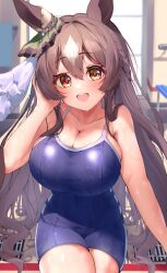 Rule 34 | 1girl, absurdres, alternate costume, animal ears, blurry, blurry background, blush, breasts, cleavage, commentary request, hair between eyes, hair ornament, highres, horse ears, horse girl, horse tail, large breasts, long hair, open mouth, satono diamond (umamusume), school swimsuit, solo, swimsuit, tail, umamusume, wet, window, yellow eyes