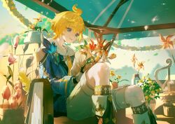 Rule 34 | 1boy, absurdres, ahoge, blonde hair, blue eyes, blue jacket, boots, chinese commentary, commentary request, flower, genshin impact, gloves, hair between eyes, highres, hood, hoodie, jacket, male focus, mika (genshin impact), open mouth, pinwheel, red flower, shorts, sitting, solo, tulip, w817817, white hoodie, white shorts
