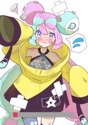 Rule 34 | 1girl, blush, character hair ornament, commentary request, creatures (company), flying sweatdrops, game freak, green hair, grey shirt, hair ornament, highres, iono (pokemon), jacket, long hair, looking at viewer, multicolored hair, nintendo, parted lips, pink hair, pokemon, pokemon sv, scrape, sheyona, shirt, sleeveless, sleeveless shirt, sleeves past fingers, sleeves past wrists, solo, spoken flying sweatdrops, squiggle, star (symbol), star in eye, symbol in eye, twintails, two-tone hair, yellow jacket