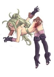Rule 34 | 1girl, 2boys, absurdres, ahoge, arm grab, arm held back, ass grab, bent over, boots, breasts, disembodied penis, double penetration, elf, eyebrows, fellatio, fire emblem, fire emblem awakening, from side, full body, gloves, green hair, hair intakes, hand on ass, hetero, high heel boots, high heels, highres, irrumatio, legs apart, long hair, long pointy ears, looking back, multiple boys, multiple penises, nintendo, nipples, nowi (fire emblem), nude, oral, penis, pointy ears, ponytail, profile, purple eyes, sex, sex from behind, shuuko (s h uuko), simple background, small breasts, solo focus, spitroast, thigh boots, thighhighs, tiara, vaginal, veins, veiny penis, white background, x-ray