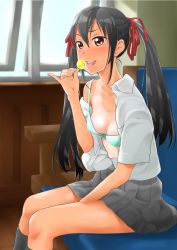 Rule 34 | 1girl, black hair, blush, bra, breasts, brown eyes, candy, food, hair ribbon, highres, k-on!, kneehighs, lingerie, lollipop, long hair, medium breasts, nakano azusa, off shoulder, one-piece tan, open clothes, open shirt, pinky out, ribbon, shiina from, shirt, skirt, socks, solo, tan, tanline, tongue, twintails, underwear