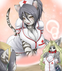 Rule 34 | breasts, cat, cleavage, furry, homura (haku89), horns, huge breasts, nurse, single horn, tail, thought bubble, yellow eyes