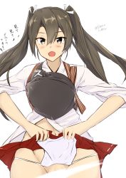 Rule 34 | 1girl, :d, blush, clothes lift, dark green hair, fundoshi lift, hair between eyes, hair ribbon, hakama, hakama short skirt, hakama skirt, highres, japanese clothes, kantai collection, lifted by self, light censor, long hair, looking at viewer, minoa 11touhei, muneate, open mouth, red hakama, red skirt, ribbon, simple background, skirt, skirt lift, smile, solo, twintails, twitter username, underwear, white background, white ribbon, yellow eyes, zuikaku (kancolle)