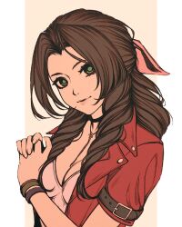 Rule 34 | 1girl, aerith gainsborough, braid, braided ponytail, breasts, brown hair, choker, cleavage, dress, final fantasy, final fantasy vii, final fantasy vii remake, flower choker, green eyes, hair ribbon, jacket, long hair, looking at viewer, medium breasts, moshimoshibe, own hands clasped, own hands together, parted bangs, pillarboxed, pink dress, pink ribbon, portrait, red jacket, ribbon, short sleeves, sidelocks, smile, solo, upper body