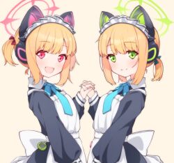 Rule 34 | 2girls, animal ear headphones, animal ears, apron, black dress, blonde hair, blue archive, blue necktie, dress, fake animal ears, green eyes, green halo, grin, halo, headphones, long sleeves, looking at viewer, maid, maid apron, maid headdress, midori (blue archive), midori (maid) (blue archive), momoi (blue archive), momoi (maid) (blue archive), multiple girls, necktie, official alternate costume, open mouth, pink halo, rateratte, red eyes, short hair, siblings, sisters, smile, twins, upper body, white apron