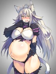 Rule 34 | 1girl, ahoge, animal ears, arms behind back, atalanta (fate), atalanta alter (fate), blush, breasts, cat ears, cat girl, cat tail, collar, cowboy shot, fang, fate/grand order, fate (series), green eyes, grey hair, highres, huge breasts, kuronyan, long hair, looking at viewer, outie navel, pregnant, skin fang, solo, standing, tail, thick thighs, thighs, wide hips