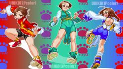 Rule 34 | 1girl, ass, bike shorts, bloody roar, blue flower, blush, boro, braid, braided ponytail, brown eyes, brown hair, character name, clenched hands, fang, fighting stance, flower, full body, green footwear, highres, hudson soft, konami, long hair, long sleeves, low-tied long hair, multiple views, nonomura uriko, open mouth, outline, pelvic curtain, photoshop (medium), red footwear, shoes, short hair, sleeves past wrists, smile, sneakers, white outline