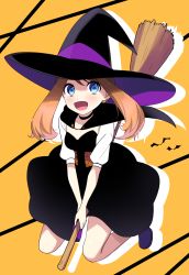 Rule 34 | 1girl, absurdres, alternate costume, bad id, bad pixiv id, black dress, black hat, blouse, blue eyes, blush, breasts, broom, broom riding, brown hair, choker, collarbone, creatures (company), dress, drop shadow, female focus, full body, game freak, halloween, halloween costume, hat, highres, may (pokemon), medium breasts, nintendo, open mouth, pokemon, pokemon rse, purple footwear, shirt, shoes, short sleeves, simple background, smile, solo, white shirt, witch, witch hat, yellow background, yuihico
