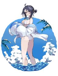 Rule 34 | 1girl, ahoge, arknights, ass, ball, beachball, bikini, black hair, blue sky, blush, breasts, cleavage, cloud, from behind, goggles, goggles around neck, hair bun, highres, holding, holding ball, holding beachball, jacket, la pluma (arknights), la pluma (summer flowers) (arknights), long sleeves, looking at viewer, looking back, medium breasts, off shoulder, official alternate costume, open clothes, open jacket, outdoors, palm leaf, purple eyes, simple background, sky, solo, swimsuit, vegetable noda, wading, water, white background, white bikini, white jacket