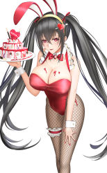 Rule 34 | 1girl, :p, absurdres, animal ears, azur lane, bare shoulders, black hair, bow, bowtie, breasts, cake, cleavage, collarbone, commentary request, covered erect nipples, covered navel, cowboy shot, crossed bangs, detached collar, fake animal ears, fishnet legwear, fishnets, food, frilled straps, hair between eyes, hair ornament, hair ribbon, hand on own thigh, highleg, highleg leotard, highres, holding, holding cake, holding food, large breasts, leotard, long hair, looking at viewer, nail polish, playboy bunny, red bow, red bowtie, red eyes, red leotard, ribbon, solo, strapless, strapless leotard, taihou (azur lane), thigh strap, tongue, tongue out, twintails, wrist cuffs, you (yoyou)