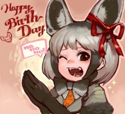 Rule 34 | 1girl, ;d, animal ear fluff, animal ears, bat-eared fox (kemono friends), black eyes, black gloves, black hair, bow, bowtie, commentary, ear ribbon, elbow gloves, extra ears, fangs, fox ears, fur trim, gloves, grey hair, hair ribbon, handsdsds, happy birthday, kemono friends, looking at viewer, multicolored hair, one eye closed, open mouth, outline, own hands together, red ribbon, ribbon, short hair, short sleeves, simple background, smile, solo, sparkle, speech bubble, teeth, two-tone hair, upper body