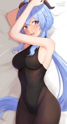 Rule 34 | 1girl, absurdres, ahoge, arms up, artist name, bare shoulders, bed, black leotard, black pantyhose, blue hair, blush, bodystocking, bodysuit, bow, breasts, cleavage, embarrassed, ganyu (genshin impact), genshin impact, groin, highres, horns, leotard, leotard under clothes, long hair, looking at viewer, lying, medium breasts, on side, open mouth, pantyhose, purple eyes, sideboob, sidelocks, solo, terableart, thighs