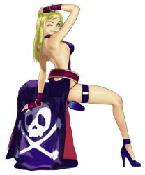 Rule 34 | 1girl, back, backless dress, backless outfit, bare back, belt, blonde hair, dress, fatal fury, fingerless gloves, full body, garou: mark of the wolves, gloves, high heels, jenet behrn, legs, looking back, official art, one eye closed, senno aki, shoes, simple background, skull and crossbones, smile, snk, solo, the king of fighters, thigh strap, wink