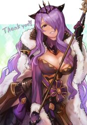 Rule 34 | 1girl, armor, black armor, breasts, camilla (fire emblem), cleavage, commission, fire emblem, fire emblem fates, fire emblem heroes, gloves, hair ornament, hair over one eye, highres, large breasts, lips, long hair, looking at viewer, nintendo, official alternate costume, purple eyes, purple hair, r123, skeb commission, smile, solo, tiara, very long hair, wavy hair